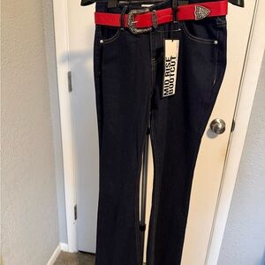 Almost Famous Dark Blue Bootcut Jeans with Red Belt